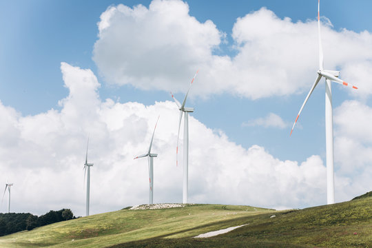 View Of The Natural Landscape And Windmills In Montenegro. Eco-friendly Energy Or Alternative Energy Sources.