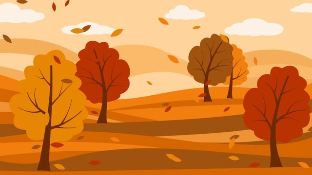 Autumn landscape Animation  with trees, clouds and falling leaves. Motion graphics
