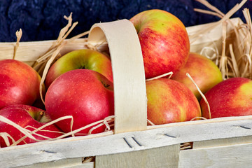 Wooden basket with ripe red yellow  apples