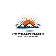 logo design mountains rivers and sun logo vector template
