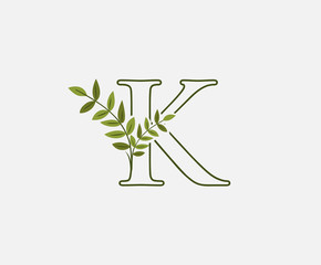 Green Letter K leaf icon logo design concept, floral logo icon design. hand drawn floral with letter.