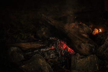 Campfire party with a large spark bonfire