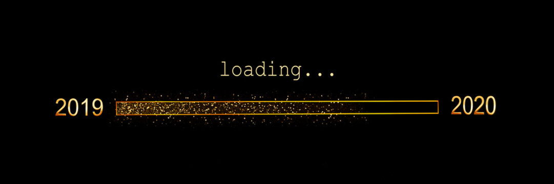 2020 loading, gold glitter progress bar on black background, new year panoramic holiday web banner or greeting card