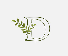 Green Letter D leaf icon logo design concept, floral logo icon design. hand drawn floral with letter.