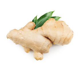 Ginger with leaves isolated on white background. Top view, flat lay