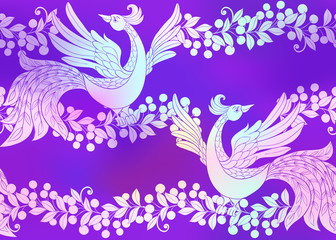 Obraz premium Fantasy floral seamless pattern with bird in jacobean embroidery style, vintage, old, retro style. Vector illustration in bright pink, purplecolors.