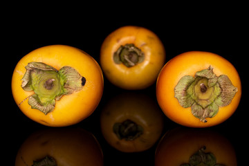 Group of three whole arranged sweet orange persimmon isolated on black glass