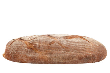 Rye and wheat bread loaf on white background.