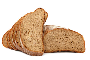 Rye and wheat bread loaf on white background.