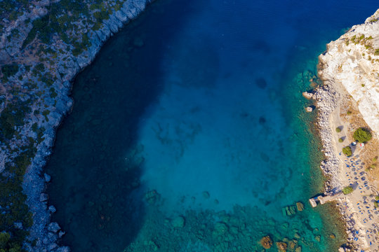 beautiful Bay of Greek island view from drone with bird's eye view. Sea, rocks, vegetation and turquoise sea. © vladimircaribb