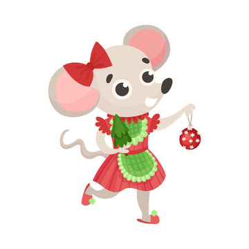 Girl mouse in a red dress. Vector illustration on a white background.