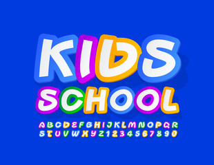 Vector bright sign Kids School with creative sticker Font. Colorful Alphabet Letters and Numbers