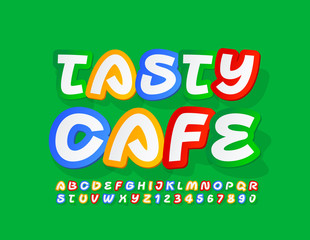 Vector creative sign Tasty Cafe. Bright handwritten Font. Sticker style Alphabet Letters and Numbers