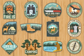 Set of outdoor adventure quotes symbol. Vector. Concept for shirt or print, stamp or tee. Vintage design with hiking boots, binoculars, mountains, fishing bear, deer, tent and forest silhouette