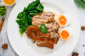 Pork Leg Rice. Pork knuckle rice Thailand. Pork Leg Stew with Rice (Khao Kha Moo). Thai Food. Famous food in Thailand