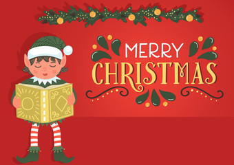 Cute Christmas elf reading book on stack of books 