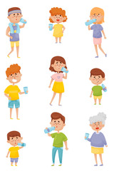 People Characters of Different Ages Drinking Water From Bottles and Glasses Vector Set
