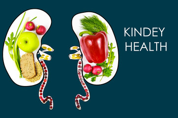 Food for the health and purification of the kidneys. Greens, apples, cranberries, oats, whole bread, pumpkin seeds, radishes, pepper. Illustration on a dark blue background
