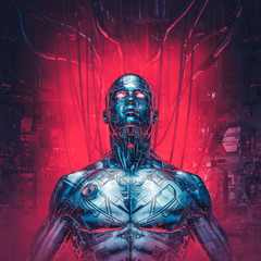 Chrome visions reloaded / 3D illustration of futuristic metallic science fiction male humanoid cyborg inside computer core - obrazy, fototapety, plakaty