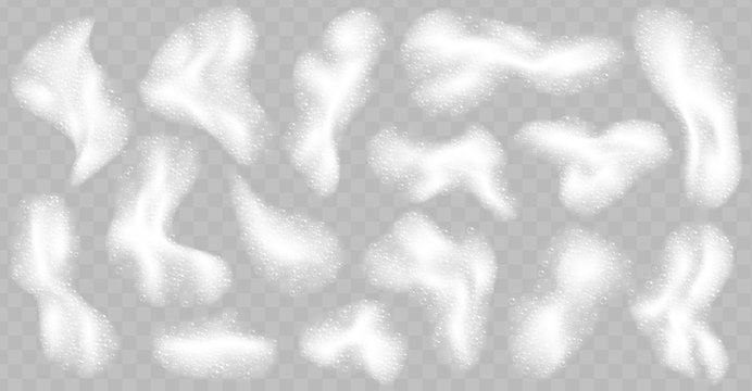 Soap foam pieces with bubbles isolated on transparent background. Top view of sparkling shampoo and bath lather clouds. Vector illustration.