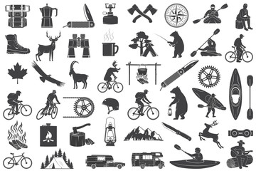 Set of Hiking and Camping icons isolated on the white. Vector. Set include fishing bear, mountains, knife, tent, cup, coffee, goat, gas stove, water sports equipment, forest silhouette