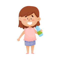 Happy Dark-Haired Little Girl Standing and Drinking Water From Plastic Bottle Vector Illustration
