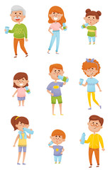 People Characters of Different Ages Drinking Water From Bottles and Glasses Vector Set