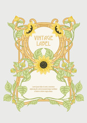 Sunflower. Label, decorative frame, border. Good for product label. with place for text Colored vector illustration. In art nouveau style, vintage, old, retro style. Isolated on white background..