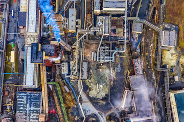 plant with the bird's-eye pipe smoke pollution of the environment, communications and infrastructure of factory for the production of copper in an open way