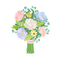 Bridal Bouquet Vector Illustration. Tied With Ribbon Bunch of Flowers