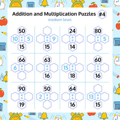 Addition and Multiplication Math Puzzle Set. Mathematical educational game.