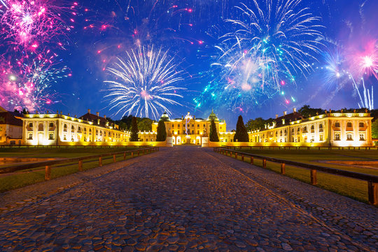 Fireworks display over the Branicki Palace in Bialystok, Poland