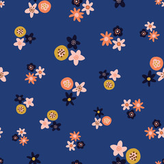 Ditsy Scandinavian style folk flowers vector pattern. Scattered orange pink yellow black florals on blue seamless vector background. Flat flowers texture. Use for fabric, kids decor, digital paper