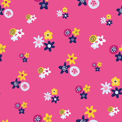 Abstract summer florals seamless vector background. Scandinavian style pattern flat folk art ditsy flowers. Yellow, dark blue and white flowers on a pink background. Use for fabric, wallpaper, decor
