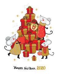 New year and Christmas greeting card in vector. Cute cartoon mouse next to the Christmas tree made of gifts. Funny and happy new year mice red, gold and silver. Chinese symbol 2020 new year. 