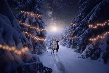 Fototapete Rund Ein Hirsch mit Weihnachtsdekoration steht im Winterwald © ohenze