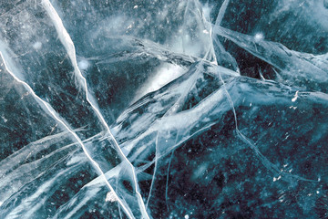 Cacks in thick solid layer of ice of a frozen lake Baikal