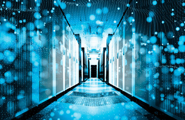 concept of data and modern data centers, information technology flow visualization. Bright server room data center storage interior
