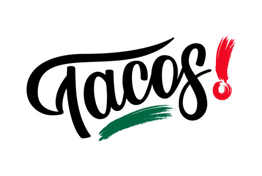 Tacos logo. Vector illustration of Mexican cuisine meal with hand drawn bold lettering typography isolated on background. Design template for restaurant or bar menu. Traditional food trend