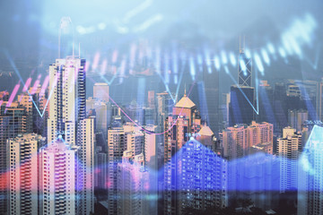 Fototapeta na wymiar Forex graph on city view with skyscrapers background multi exposure. Financial analysis concept.