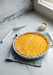 freshly baked vegan gluten free pumpkin pie, just in time for your autumn or Thanksgiving season celebration