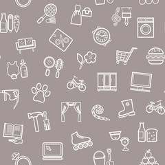 Fototapeta na wymiar Shops, seamless pattern, monochrome, contour, gray, vector. Different product categories. A subtle, linear pattern. White icons on a gray field. 