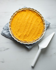 freshly baked vegan gluten free pumpkin pie, just in time for your autumn or Thanksgiving season celebration