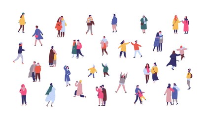 People in winter outwear walking flat vector illustrations set. Tiny people, romantic couples having fun, enjoying festive mood cartoon characters set. Kids and adults celebrating Christmas outdoors.