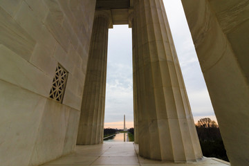 Early morning vista looking through the colossal Doric Order colonnade of the Abraham Lincoln...