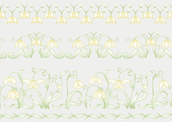 Galanthus, snowdrop, nivalis. Seamless pattern, background. Colored line art vector illustration. In art nouveau style, vintage, old, retro style. on soft grey background..