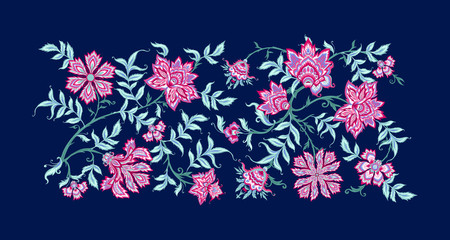 Ethnic pattern element in kalamkari style, fantasy floral pattern. Colored vector illustration.