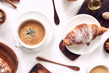 french breakfast, coffee and croissant, pattern top view. Good morning concept