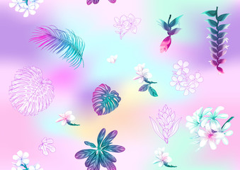 Tropical plants and flowers. Seamless pattern, background. Colored and outline design. Vector illustration in neon, fluorescent colors. On mash background..