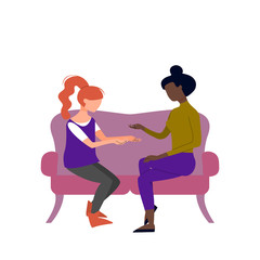 Couple of black and caucasian adult women are talking sitting on sofa. Argue, fight, angry conversation. Flat style stock vector illustration
